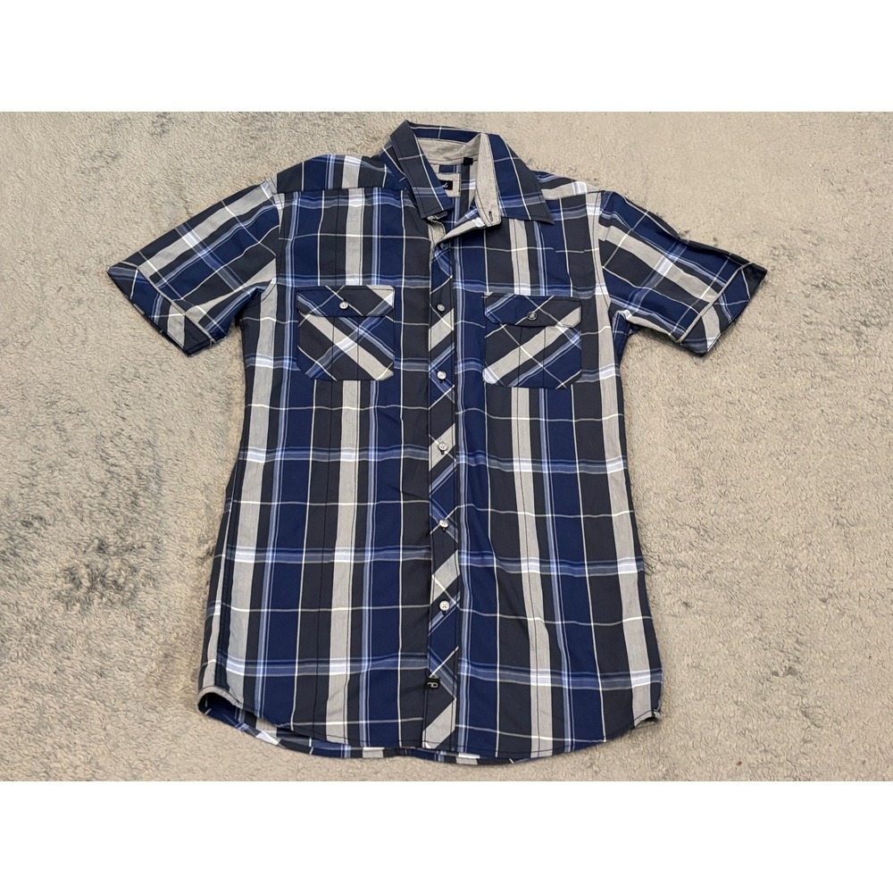 7 Diamonds Mens Small Blue Grey Plaid Short Sleeve Button Up Shirt Pockets